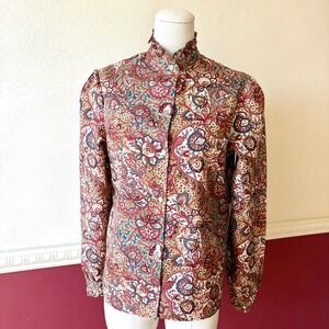 Vintage Jack Winter Paisley Ruffle Neck Blouse Burgundy Teal M Retro Victorian